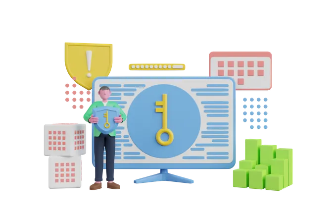 Man login using secure key  3D Illustration