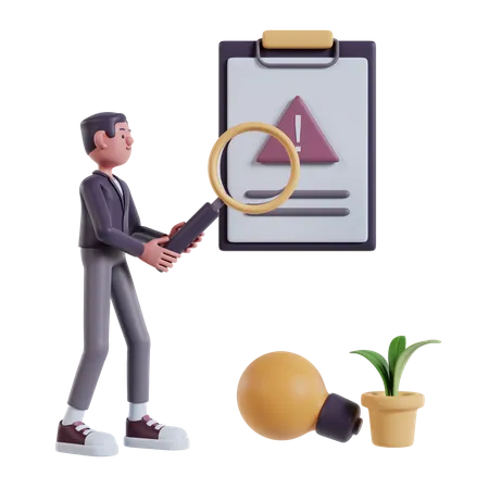 Men Look For Solutions To Business Problems By Holding A Magnifying Glass With A Clipboard Background With An Exclamation Mark 3D Illustration