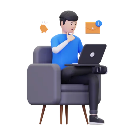 3 D Man Looking At An Incoming Email Notification Via Laptop Illustration 3D Illustration
