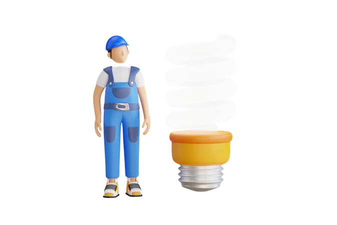 Man Looking At Light Bulb 3 D Illustration Electrical Engineer With A Big Light Bulb 3 D Illustration 3D Illustration