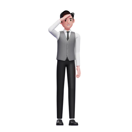 Man looking far away wearing a gray office vest  3D Illustration