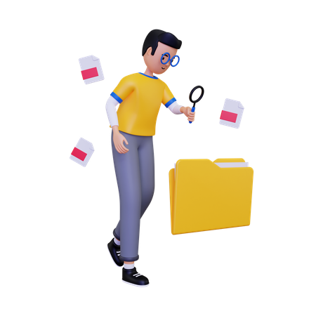 Man looking for document using magnifying glass  3D Illustration