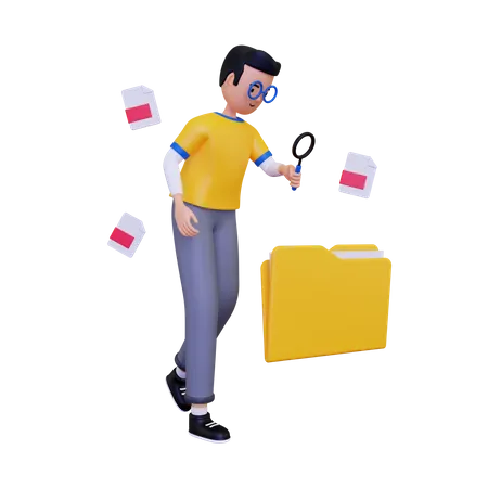 Man looking for document using magnifying glass  3D Illustration