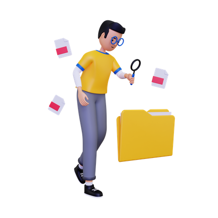 Man looking for document using magnifying glass 3D Illustration