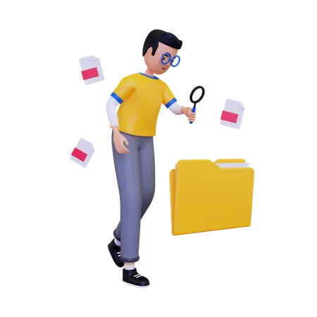 Man looking for document using magnifying glass 3D Illustration