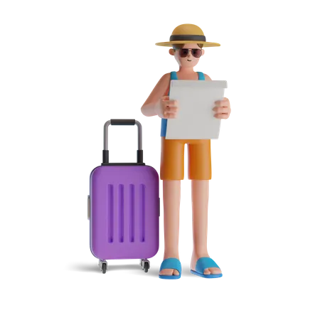 Man Looking travel map on beach trip 3D Illustration