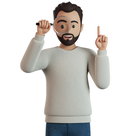 Man Looks Through A Magnifying Glass And Points Up With His Index Finger  3D Icon