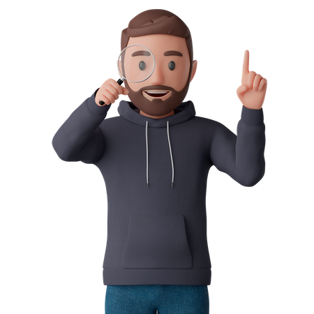 Man looks through a magnifying glass and points up with his index finger  3D Icon