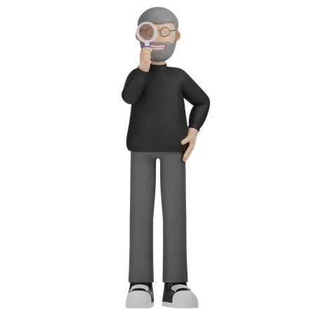 3 D Character Man Magnifying Glass Research 3D Illustration