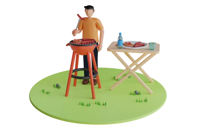 3 D Illustration Of Man Having A Barbecue In Nature Man Enjoying A Barbecue In The Midst Of Nature Surrounded By Lush Greenery And A Clear Blue Sky 3D Illustration