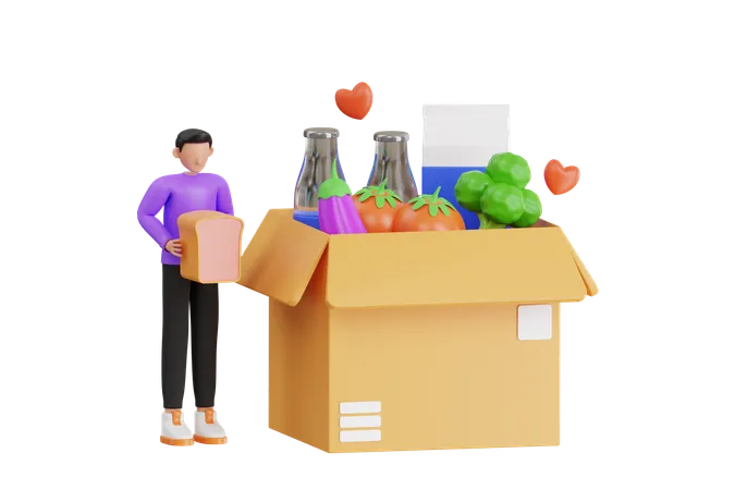 Man Making Food Donation Box  3D Illustration