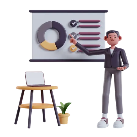 Man Talking Pointing At Presentation On White Board Explaining Marketing Data 3 D Marketing Illustration 3D Illustration