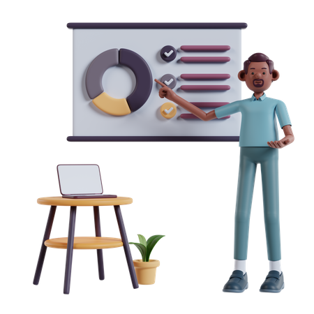 Man making presentation on white board explaining marketing data  3D Illustration