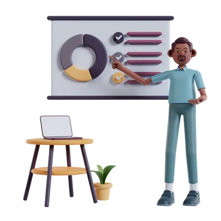 Brown Bearded Man Talking Pointing At Presentation On White Board Explaining Marketing Data 3 D Marketing Illustration 3D Illustration