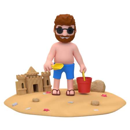 Man Making Sandcastle 3D Illustration