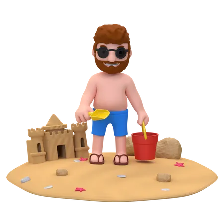 3 D Rendering Summer Illustration Of A Boy Making A Sand Castle On The Beach 3D Illustration