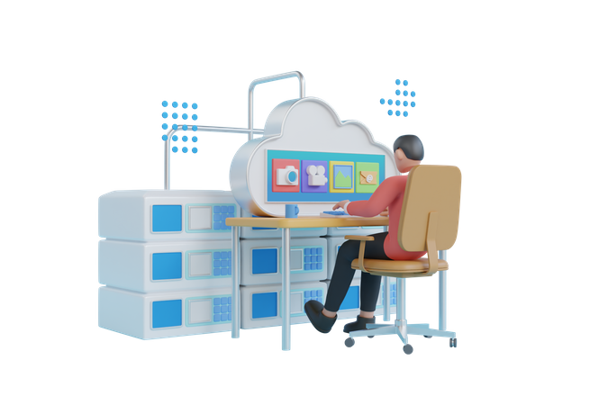 Man manage cloud storage library  3D Illustration