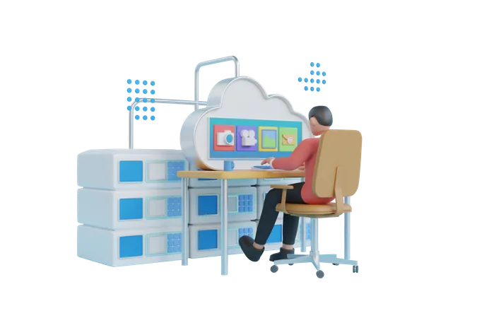 Man manage cloud storage library  3D Illustration