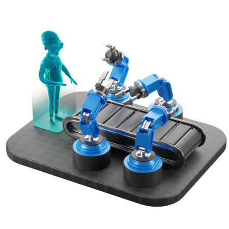 Man Monitoring Autonomous Robots With Vr  3D Illustration