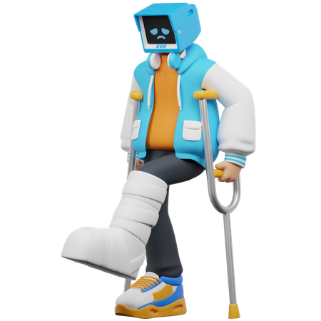 Man On Crutches With Bandaged Leg  3D Illustration