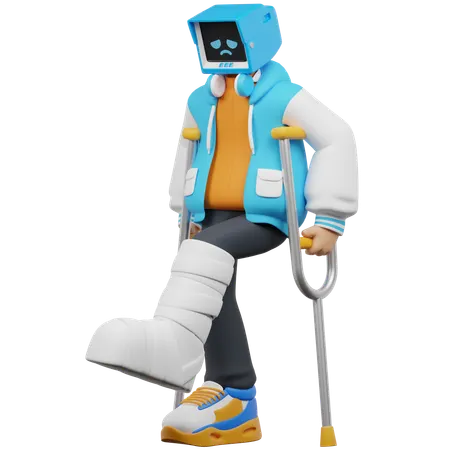 Man On Crutches With Bandaged Leg  3D Illustration