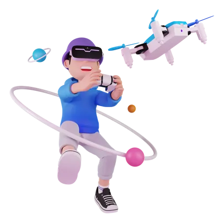 Man operating drone in metaverse  3D Illustration