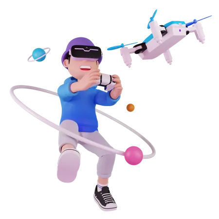 Man operating drone in metaverse 3D Illustration