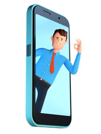 Man peeking out of smartphone screen with ok gesture  3D Icon