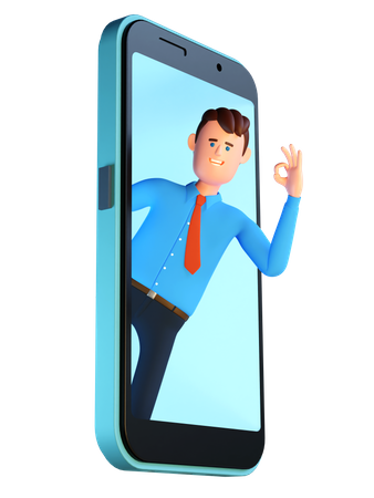 Man peeking out of smartphone screen with ok gesture  3D Illustration