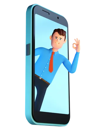 3 D Man Peeking Out Of Smartphone Screen With Ok Gesture Businessman In The Phone Approving Gesture 3D Illustration