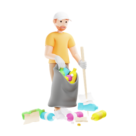 Man Picking Up Trash  3D Illustration