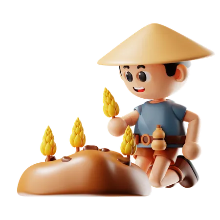 Man Planting Wheat  3D Illustration