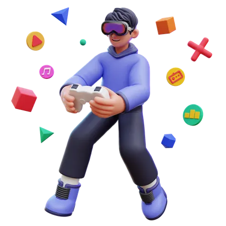 Homem joga jogo virtual  3D Illustration