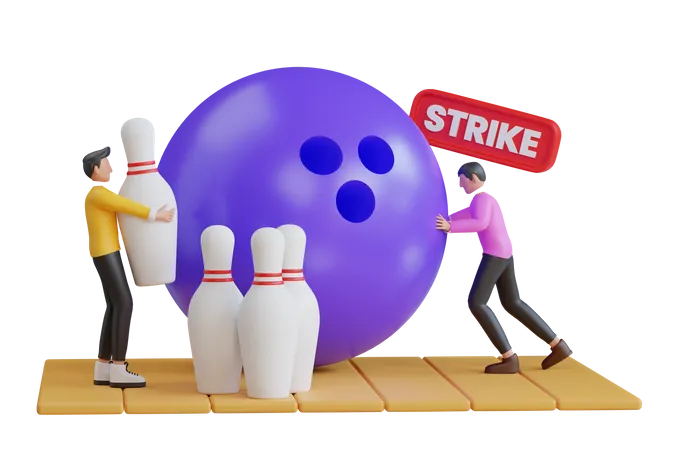 Purple Bowling Ball And Scattered White Skittles Man Playing Bowling 3 D Bowlink Strike 3 D Illustration 3D Illustration