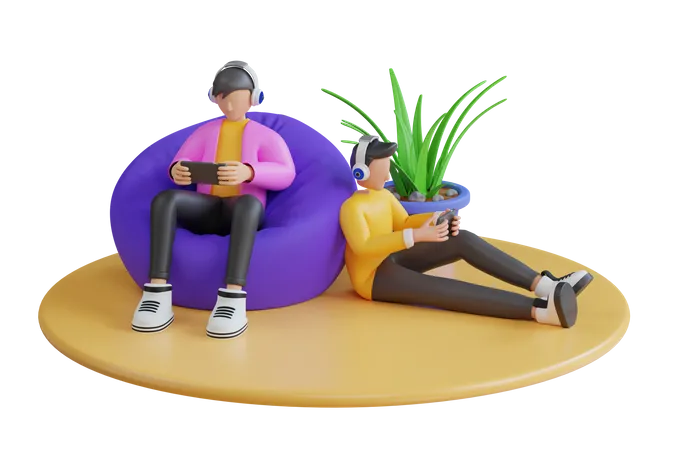 Man On Purple Bag Armchair Play Video Game With Gamepad And Headphones At Home Man Playing Game In Sofa 3 D Illustration 3D Illustration