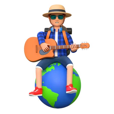 Backpacker Sit In Globe While Playing Guitar 3 D Cartoon Character Illustration 3D Illustration