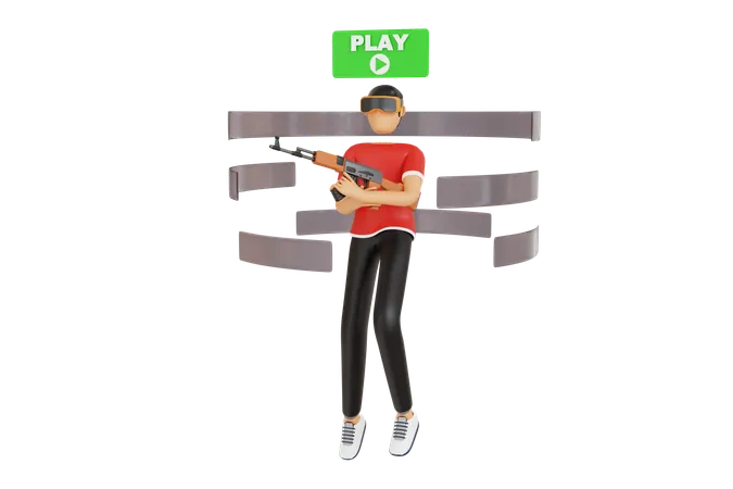 Man Playing Shooting Game In Virtual Reality  3D Illustration