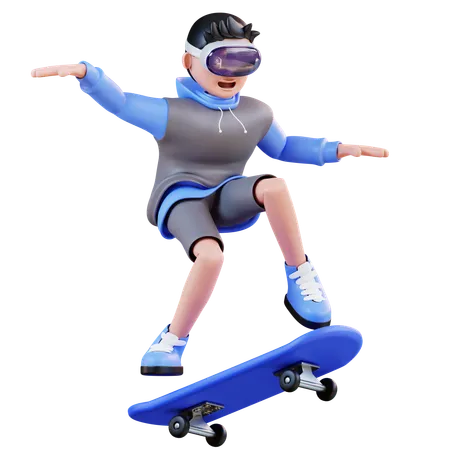 3 D Illustration Man Playing Skateboard In Virtual Reality 3D Illustration