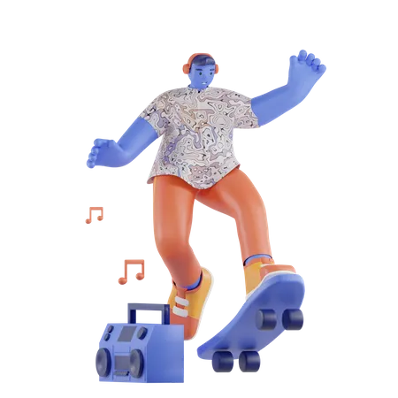 Man playing skateboards while listening to music 3D Illustration