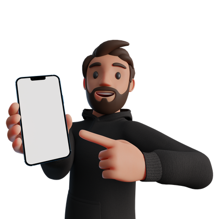 Man pointing at a blank smartphone screen  3D Illustration