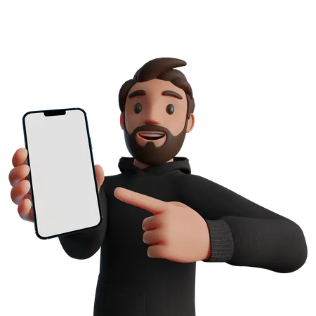 Man pointing at a blank smartphone screen  3D Illustration