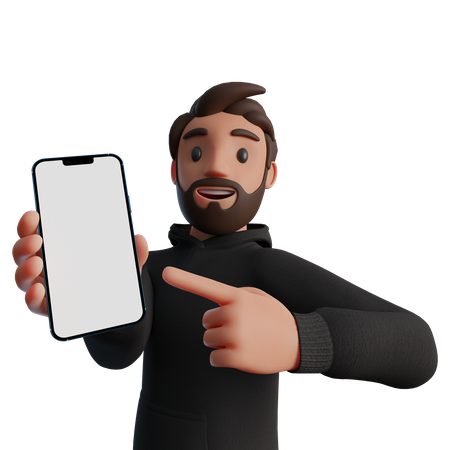 Man pointing at a blank smartphone screen 3D Illustration