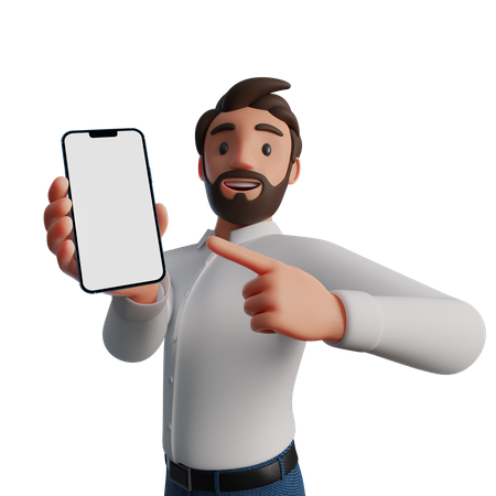 Man pointing at blank smartphone screen  3D Illustration