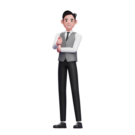 Man pointing at camera wearing a gray office vest  3D Illustration