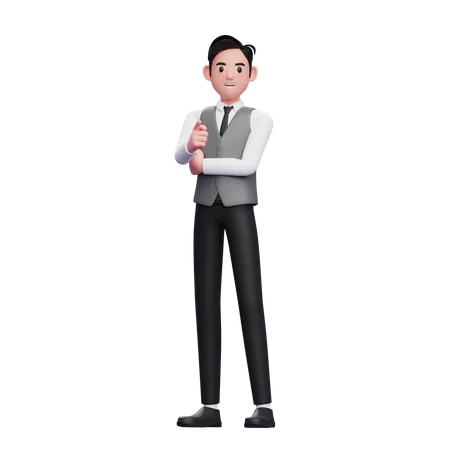 Man pointing at camera wearing a gray office vest  3D Illustration