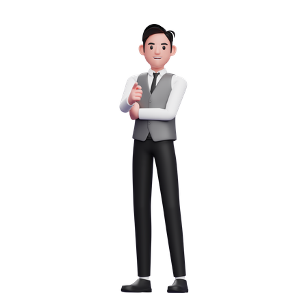 Man pointing at camera wearing a gray office vest 3D Illustration