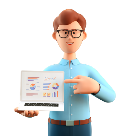 Man pointing finger at screen of laptop computer with business charts  3D Illustration