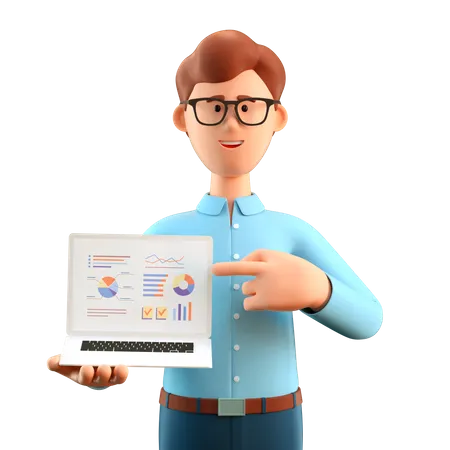 Man pointing finger at screen of laptop computer with business charts  3D Illustration