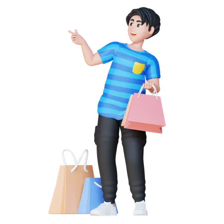Man Pointing Something Left While Holding Bags  3D Illustration