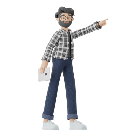 Man Pointing Up While Holding Ipad  3D Illustration